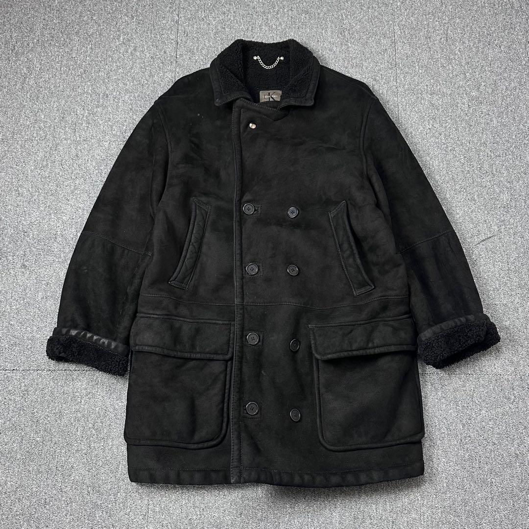 80s 90s カルバンクライン 本革 ムートンコート レザージャケット 黒