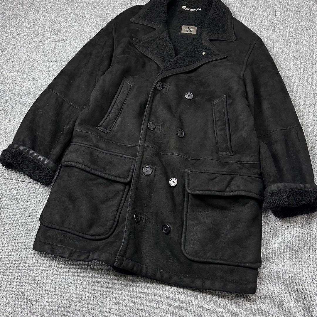 80s 90s カルバンクライン 本革 ムートンコート レザージャケット 黒