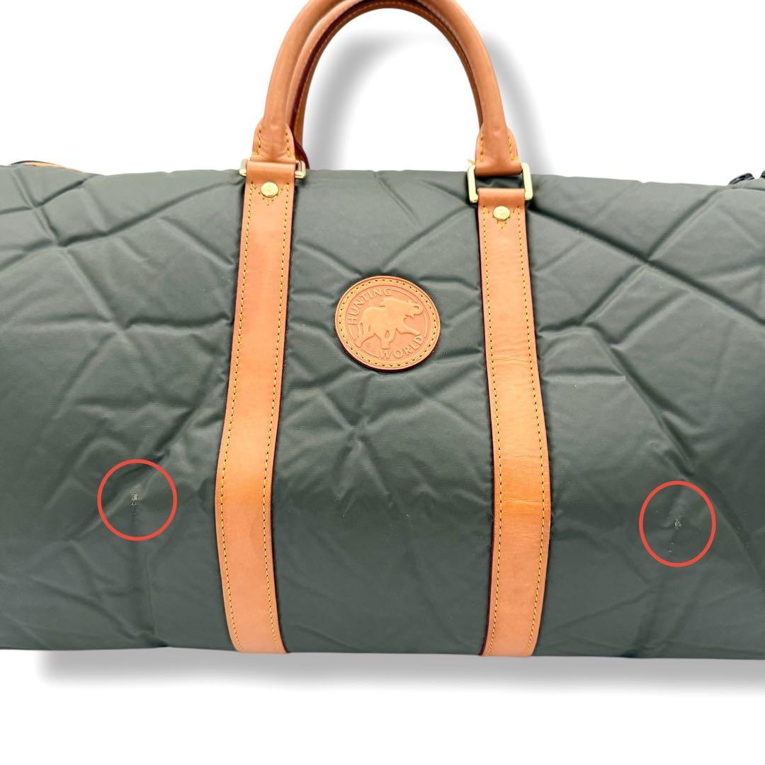 ハンティングワールド ボストンバッグ バチュークロスナイロン × レザー カーキ