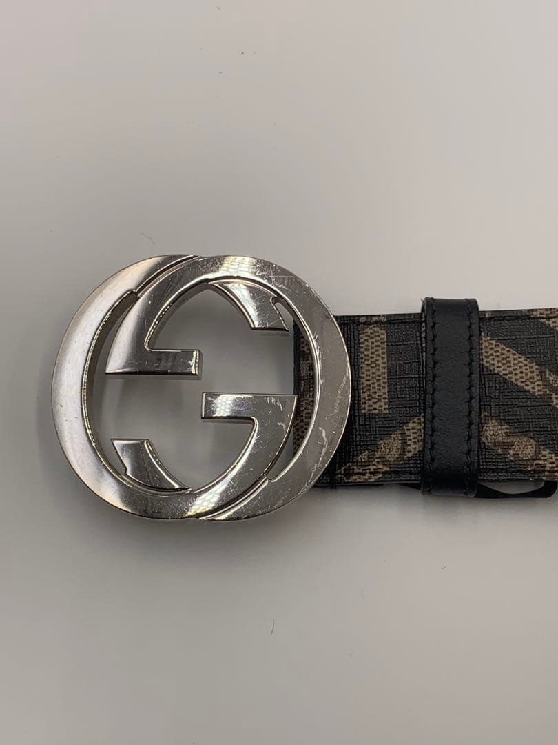 美品 グッチ　インターロッキング　ベルト　スプリームGG　PVC×レザーブラック