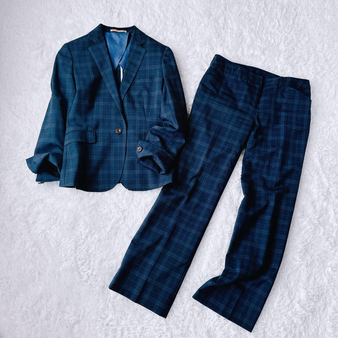 美品 オリヒカ ライム パンツ スーツ チェック ストレッチ ネイビー 紺