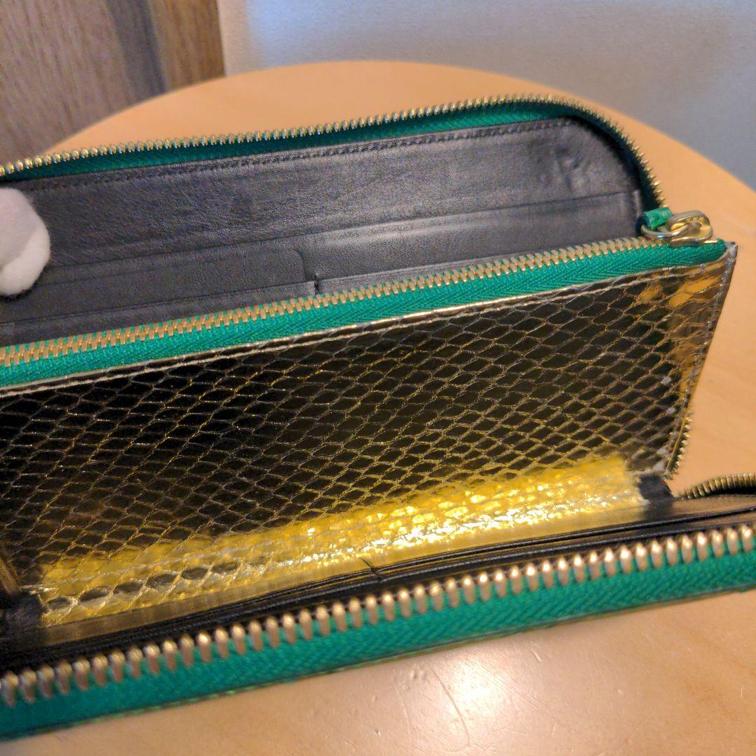 池田工芸100万円がはいる長財布クロコダイルダブルゴールドパイソンモデルグリーン