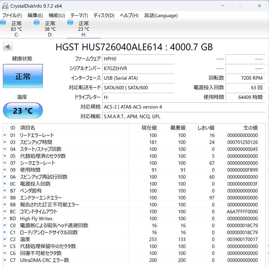 外付けハードディスク・ドライブ HGST HUS726040ALE614 4000.7GB HDD