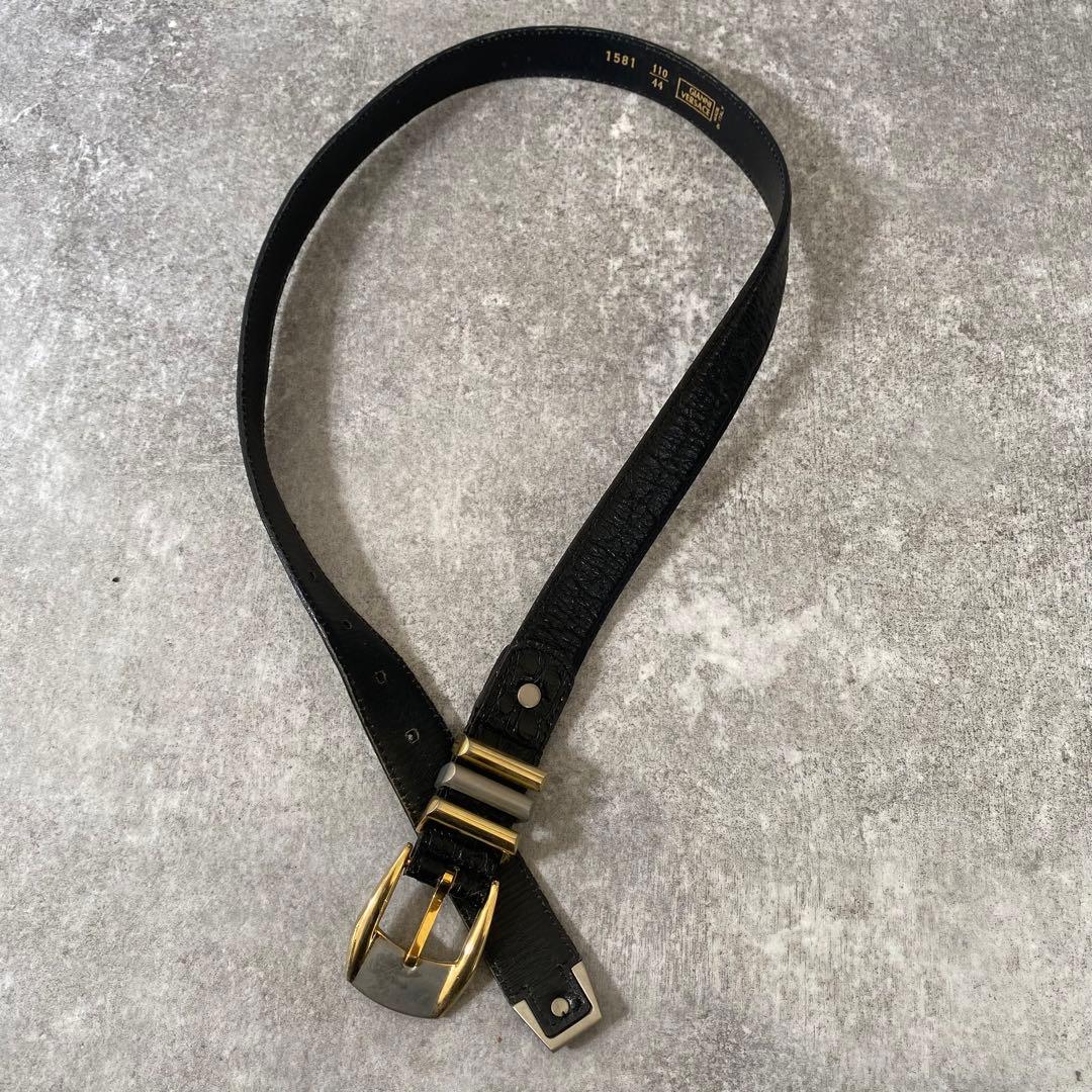 ヴェルサーチ　ベルト　クロコ型押し　レザー　ブラック　ゴールド金具