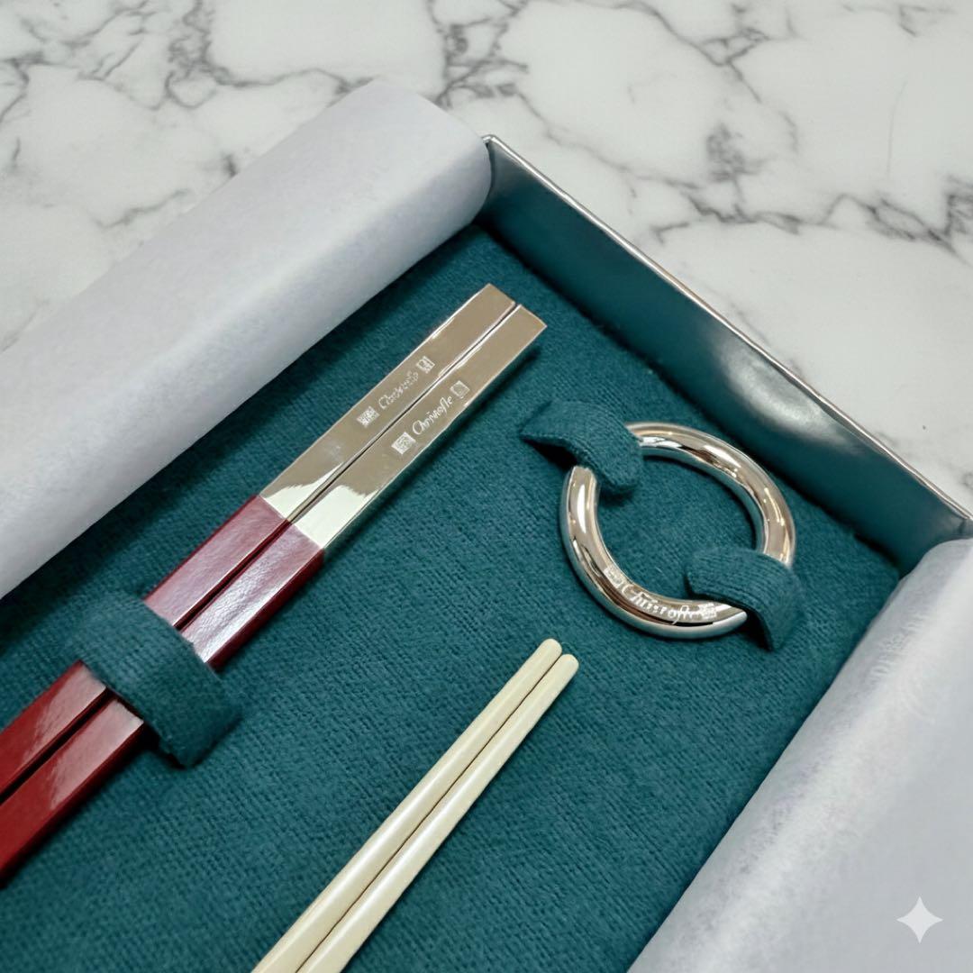 【新品未使用】CHRISTOFLE 箸 赤白 2本 箸置きセット