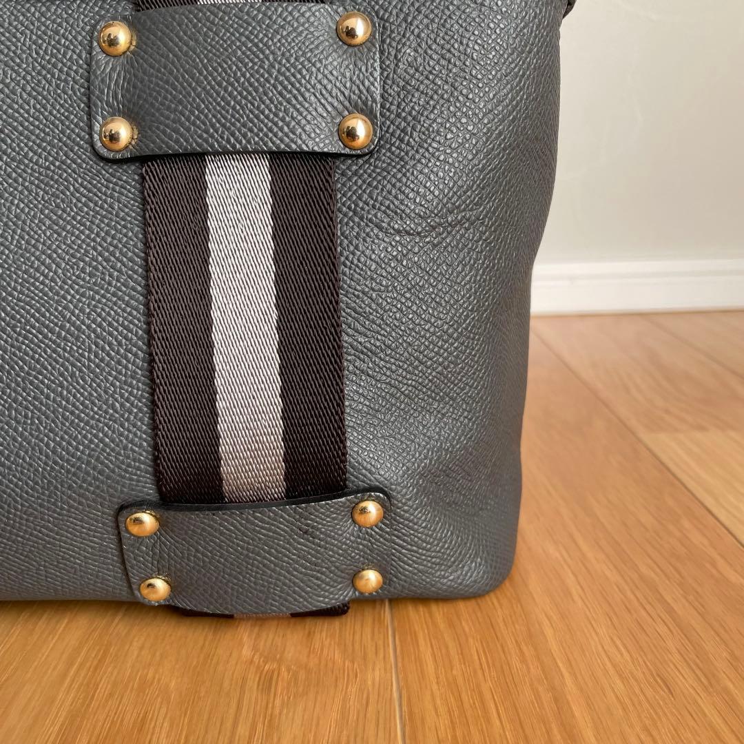 美品ADMJ ハンドバッグ レザー キャンバス　グレー　ストライプ