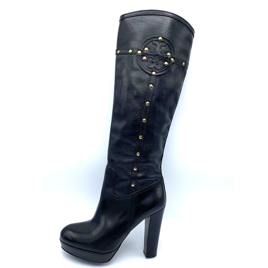 トリーバーチ　ロングブーツ　ブラック　レザー　ロゴ