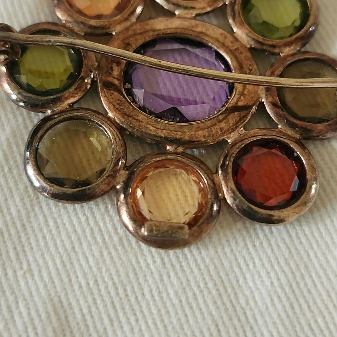 花形ブローチ 多色ストーン イタリアアンティーク9金