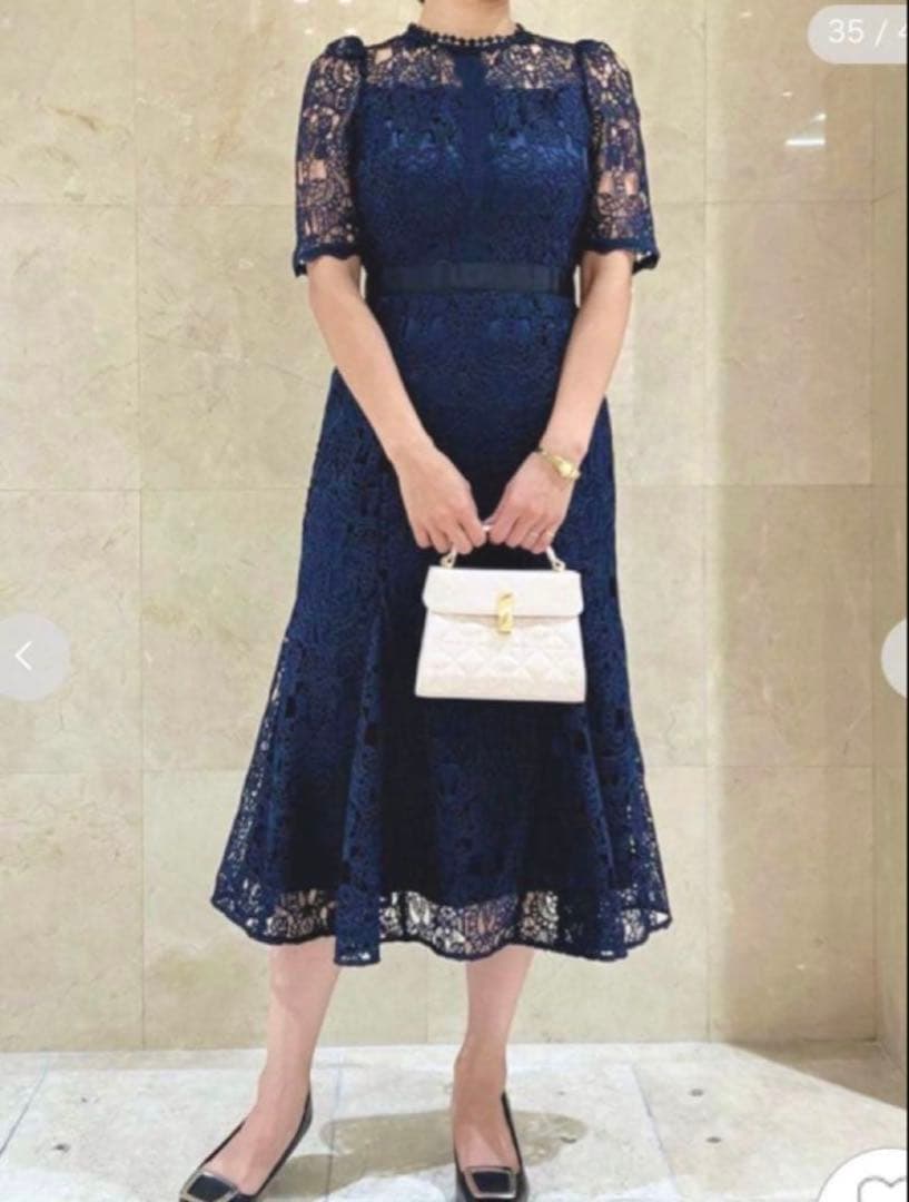 セルフォード　サイズ36 ネイビー レース 半袖 ひざ丈ワンピース