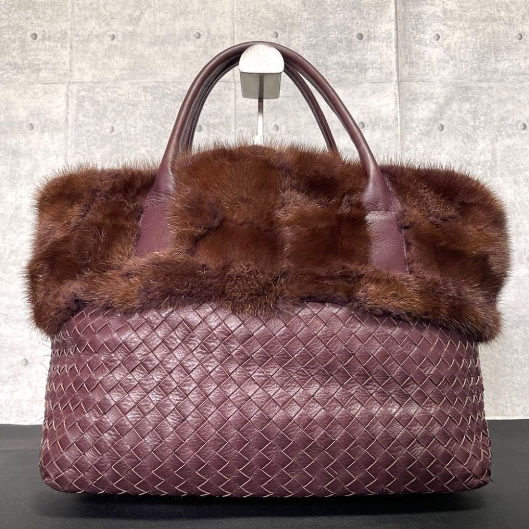 専用品FALORNI イントレチャート レザー×ファー ボルドー トートバッグ