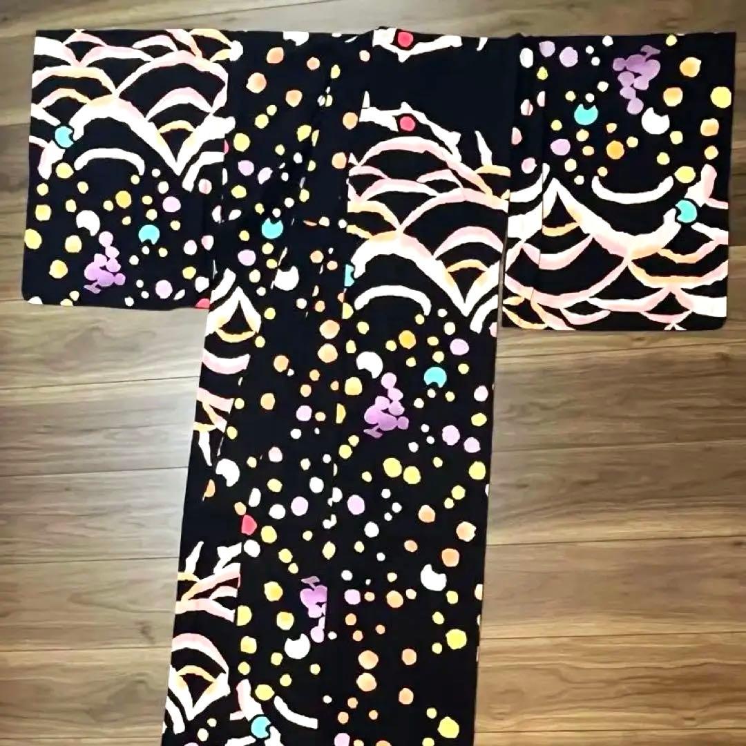 期間限定価格◆ツモリチサト◆注染 黒 浴衣 カラフルドット 猫 ぶどう 青海波柄