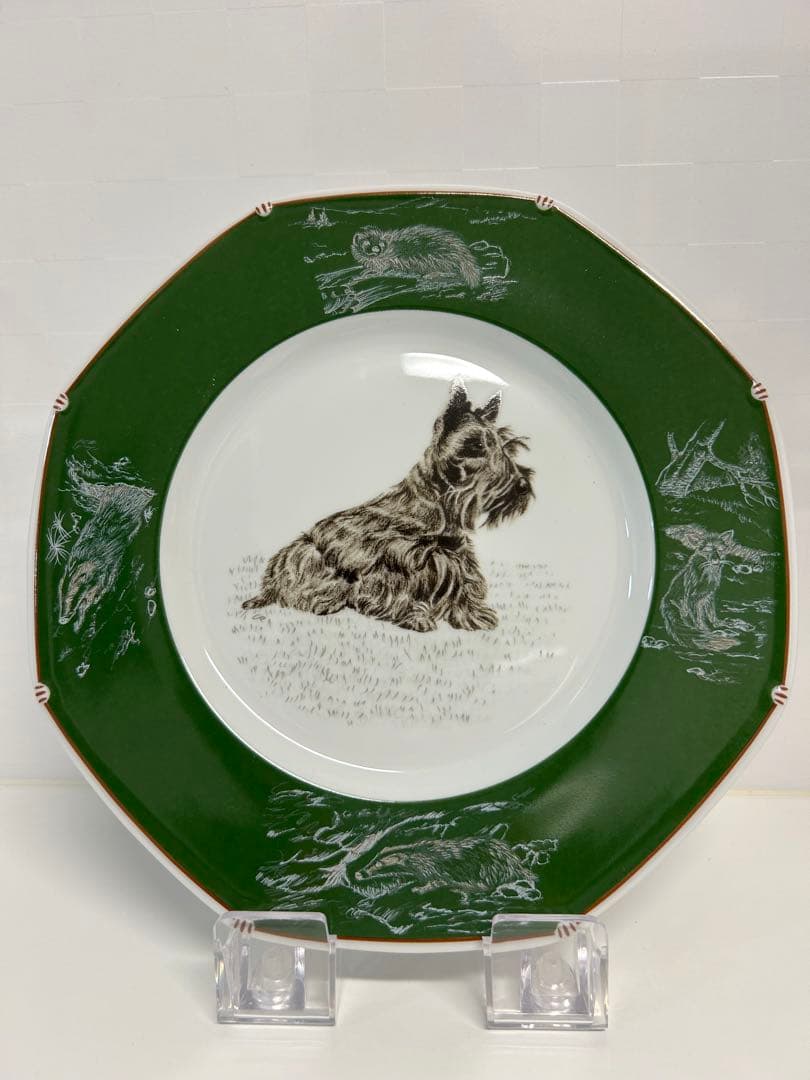 【未使用】エルメス絵皿　犬柄テリア 八角プレート