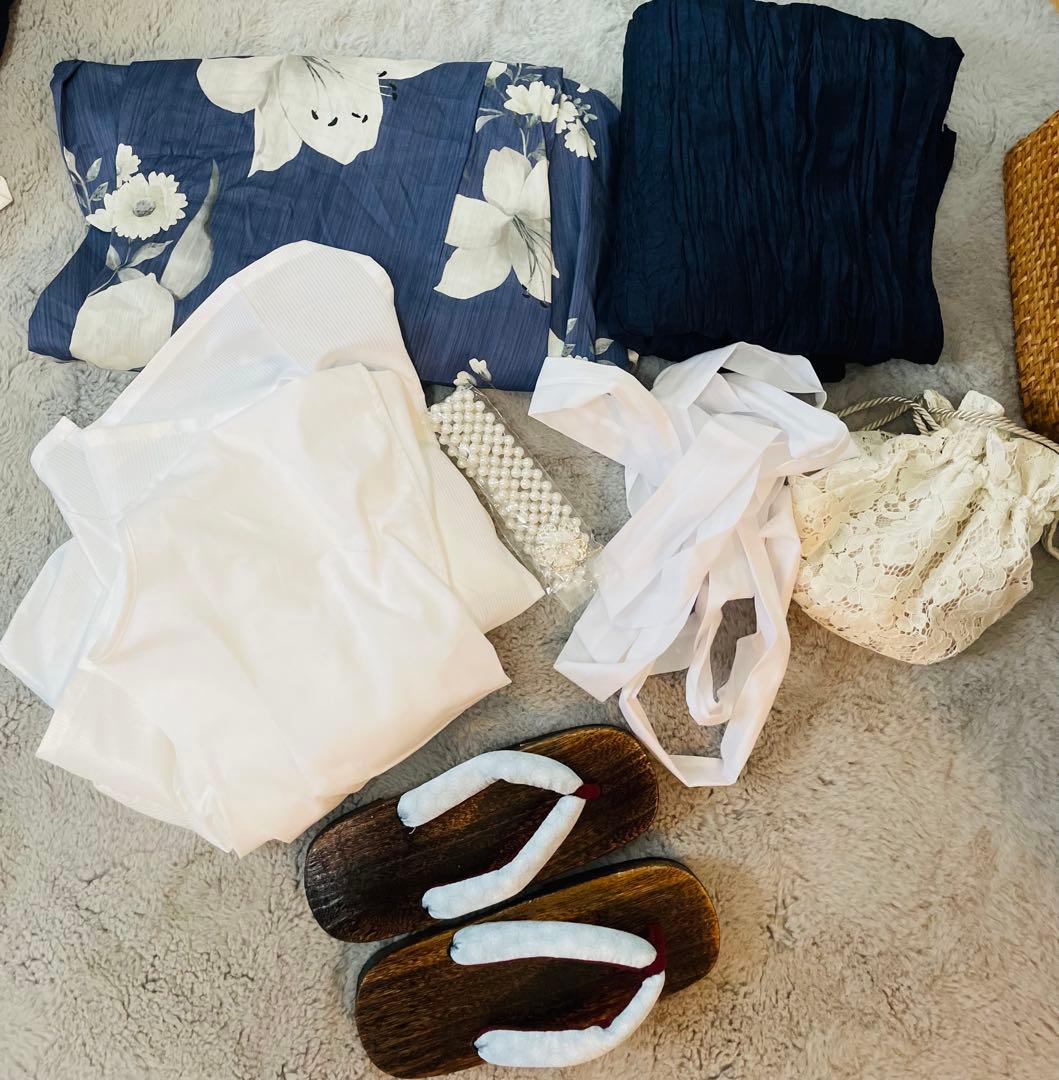 【KYOETSU】浴衣セット(浴衣、兵児帯、肌着、下駄、腰紐x2 巾着、帯留め）