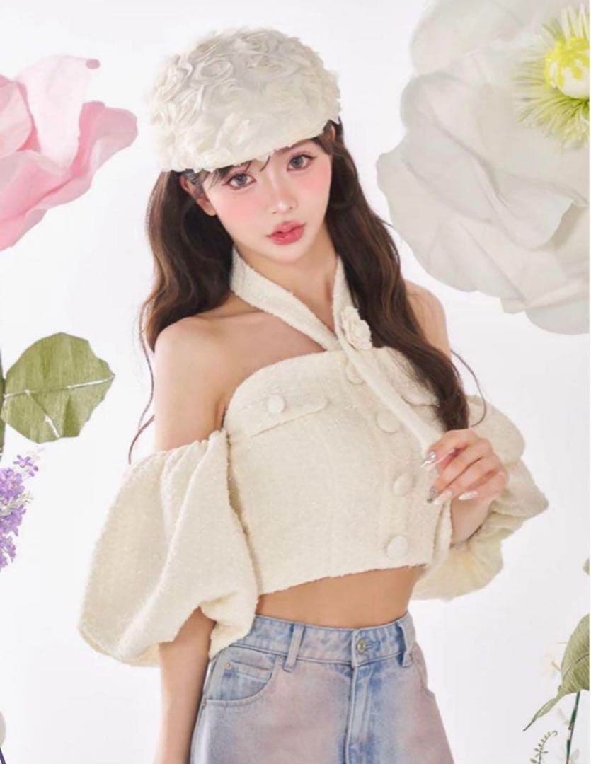 Darich ダーリッチ　ホルターネックオフショルツイードトップス