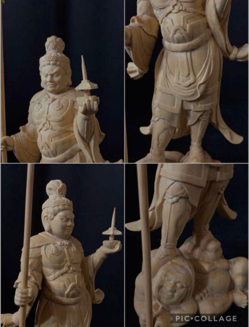 井波彫刻　仏教工芸品　総柘植材　木彫仏像　仏師手仕上げ品　四天王立像一式