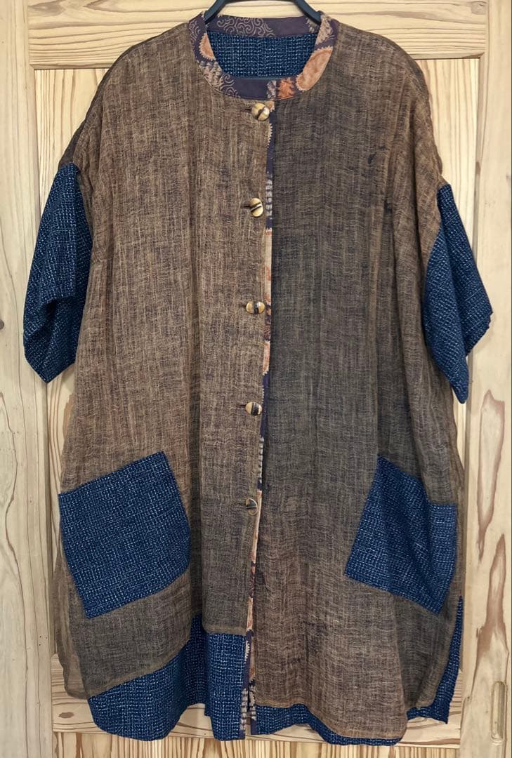 古布リメイク かや生地×絣 切り替えワンピース 羽織 ロングジャケット 和モダン
