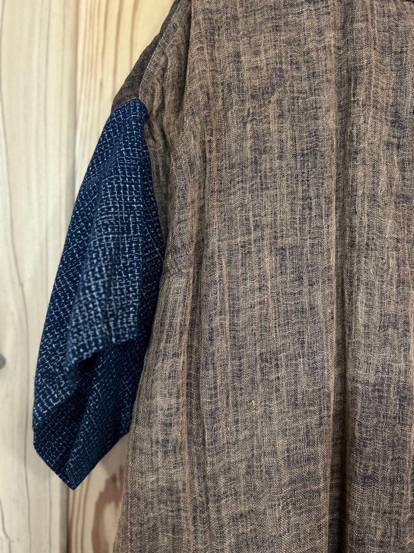 古布リメイク かや生地×絣 切り替えワンピース 羽織 ロングジャケット 和モダン