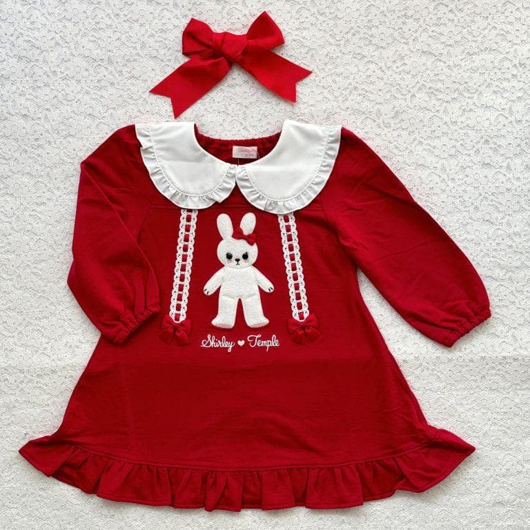 ◆うさぎアップリケロゴ刺繍ワンピース◆長袖◆シャーリーテンプル◆アカ◆ウサギ◆