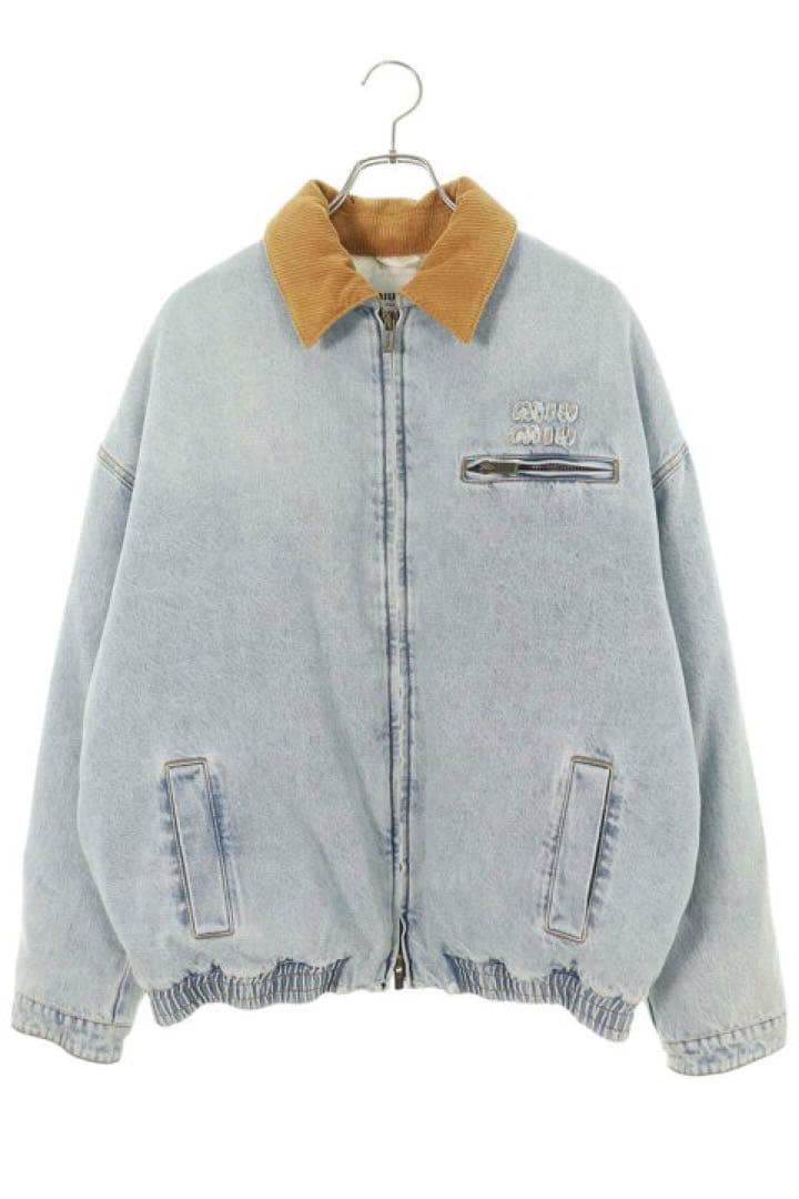 ミュウミュウ GWB221 ユーズド加工ロゴ刺繍中綿デニムブルゾン レディース