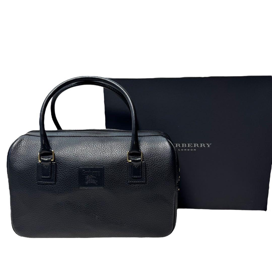 美品　バーバリー ミニボストンバッグ ノバチェック ホースロゴ レザー ブラック