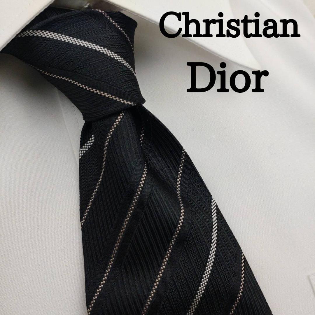 クリスチャンディオール 高級シルクネクタイ ストライプ柄 ブラック