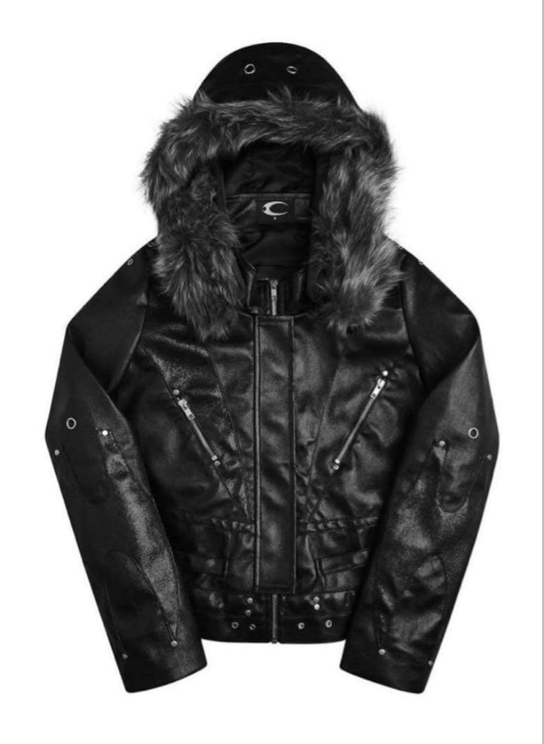 ブラックレザージャケット ファー付きフード