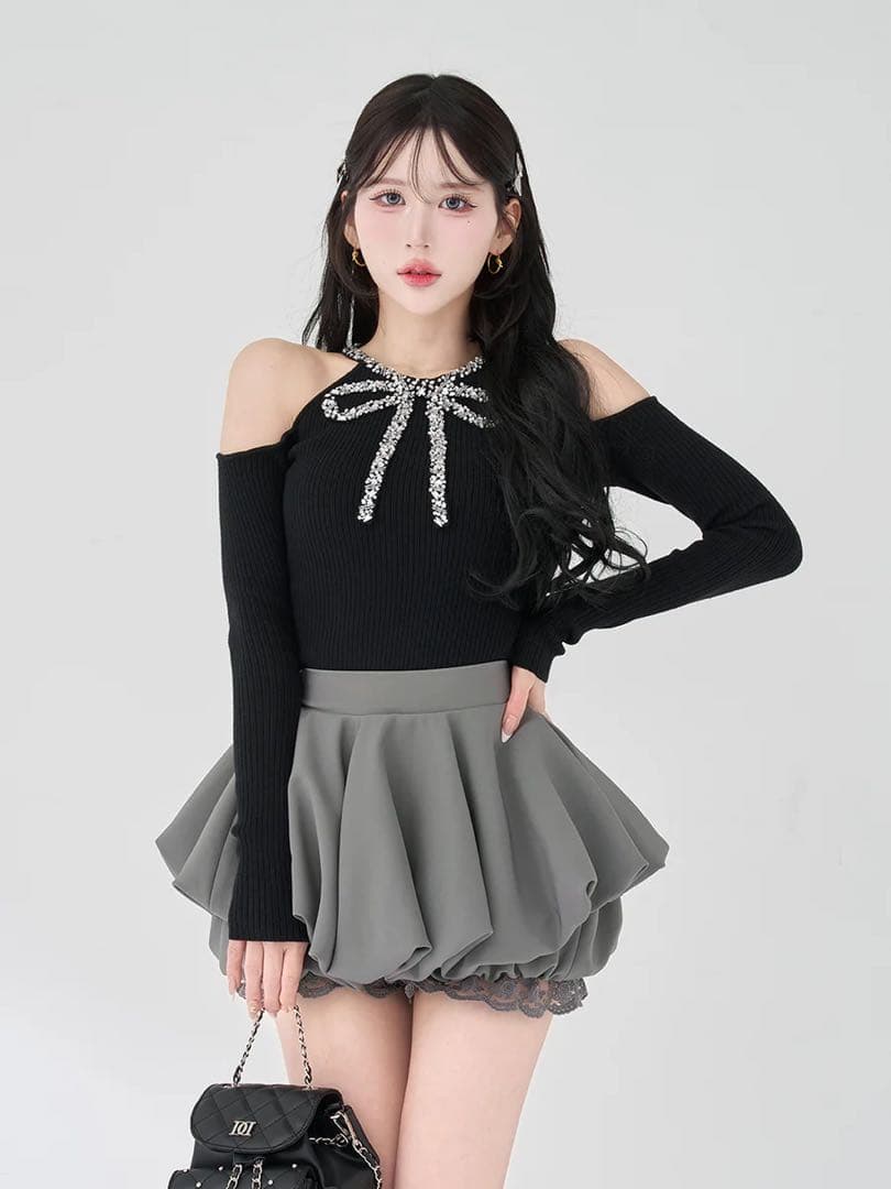 Darich ダーリッチ　リボンビジューアメスリニットトップス