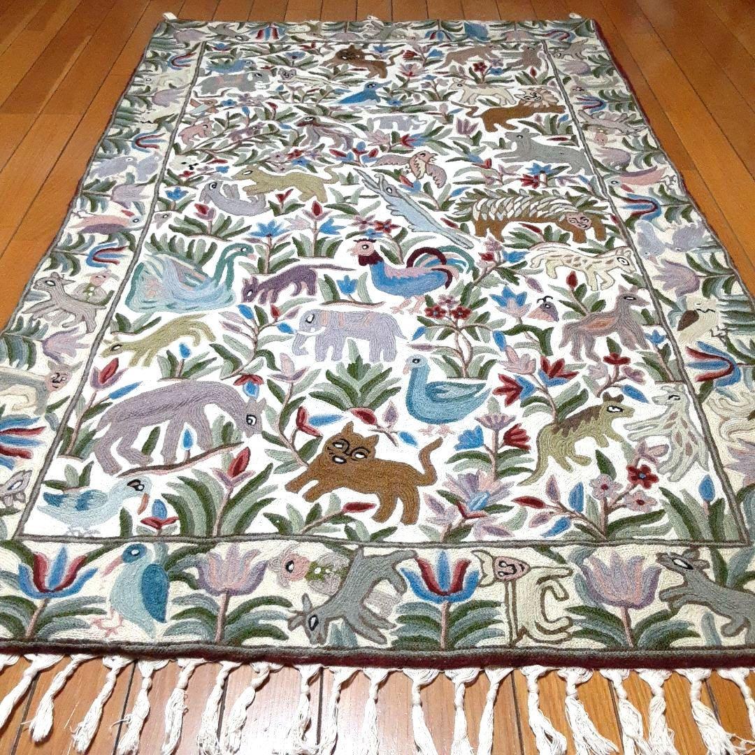 ヴィンテージラグ　カシミールアリ刺繍 タペストリー　手刺繍　マルチカバー　一点物