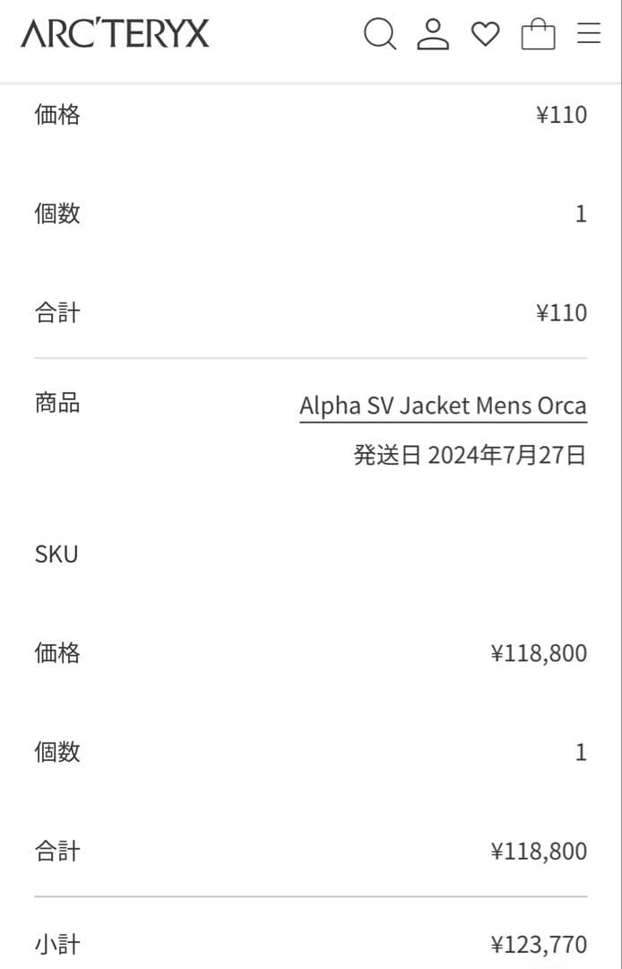 カナダ製　アークテリクス アルファSVジャケット　オルカ　XS　限定品直営店購入