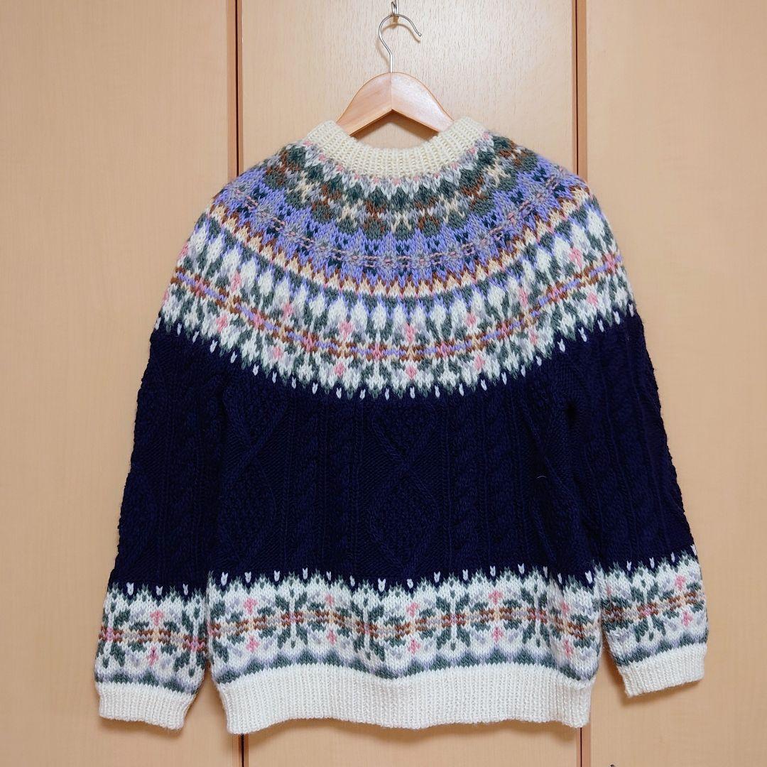 【北欧風】フェアアイル柄 ノルディック柄 手編みセーター ウール100％ 美品