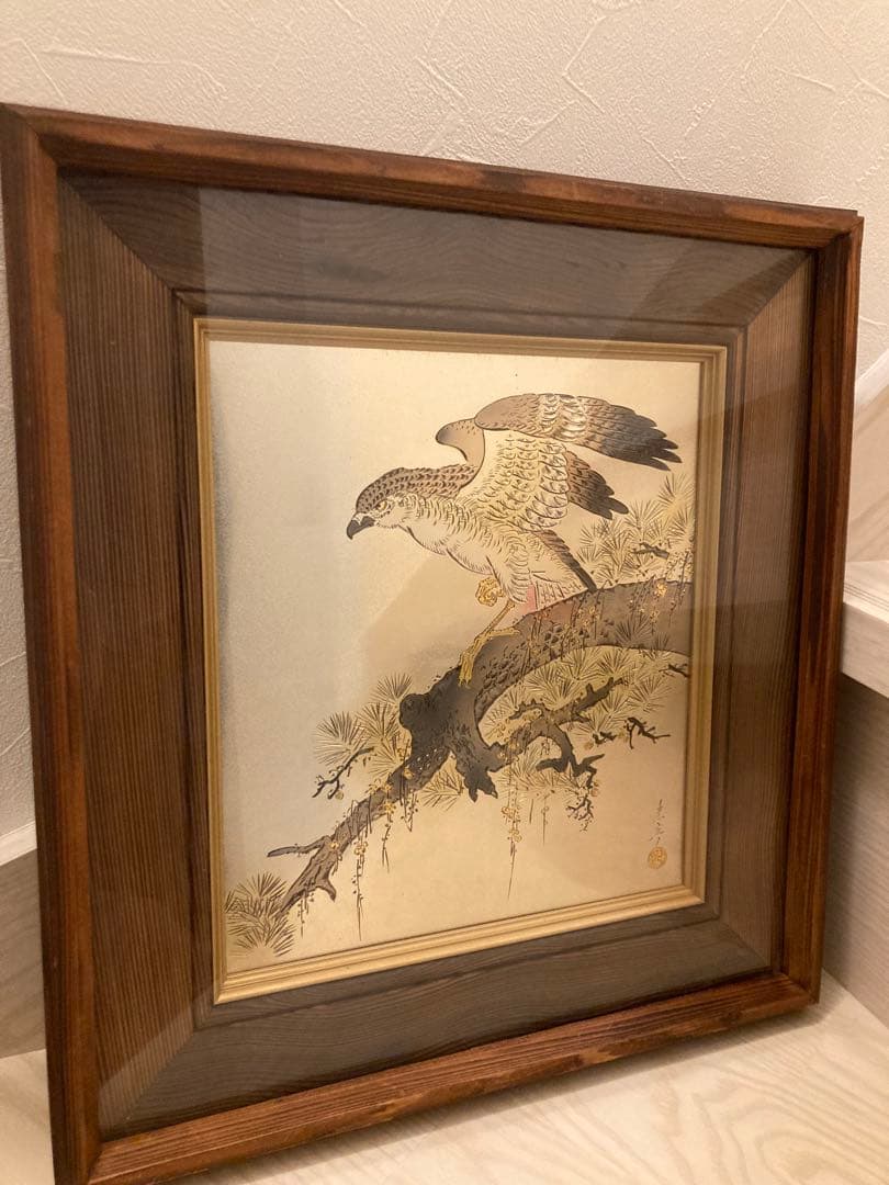 堀口光彦 彫金額 松樹鷹図 金工作品 額装