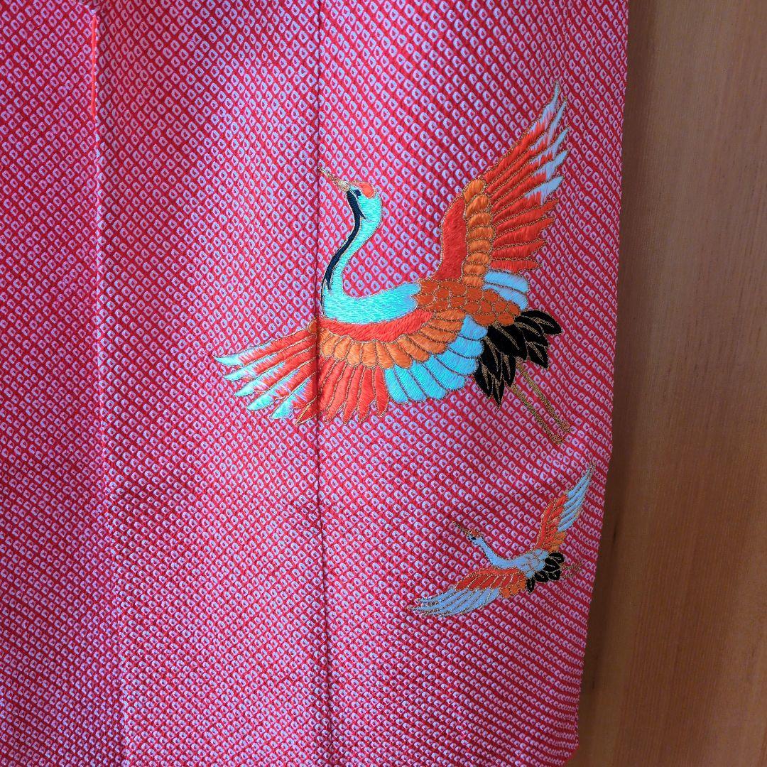 七五三７歳赤色総絞りのお着物と作り帯、帯揚げ帯締めとしごきのセット（長襦袢付き）