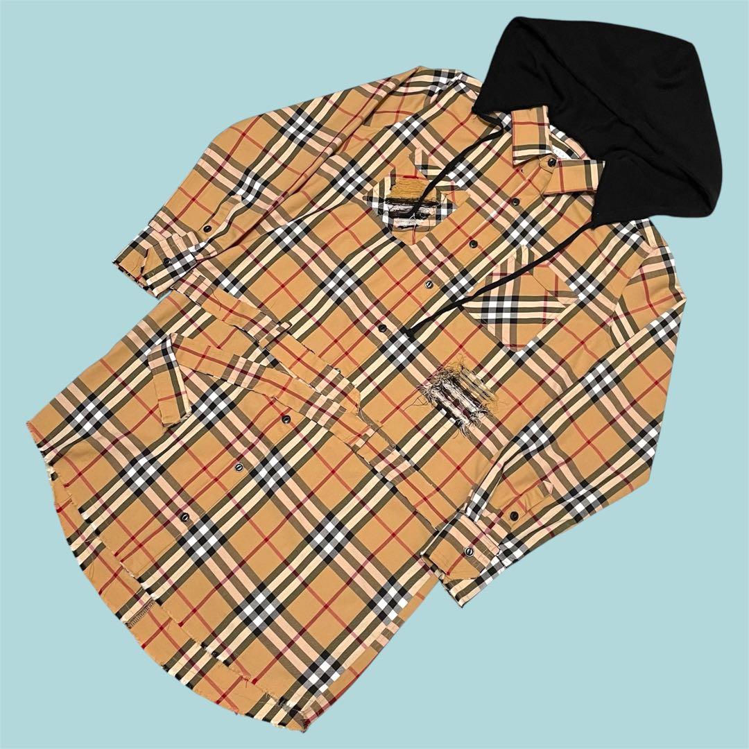 2回着極美品 Bagarch ノバチェック フード着脱可 シャツワンピース 加工