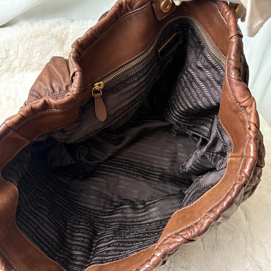 真贋済　PRADA プラダ　ハンドバッグ　羊革　ゴーフル　ブラウン