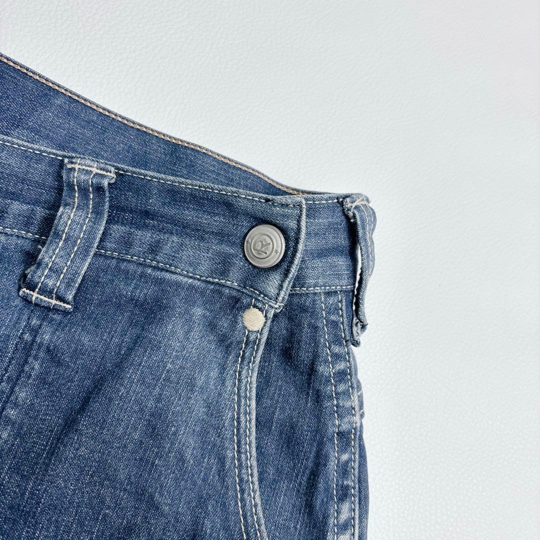 45R ライ麦デニムストレッチの桃比女 ロゴ刺繍 ロゴボタン インディゴ L