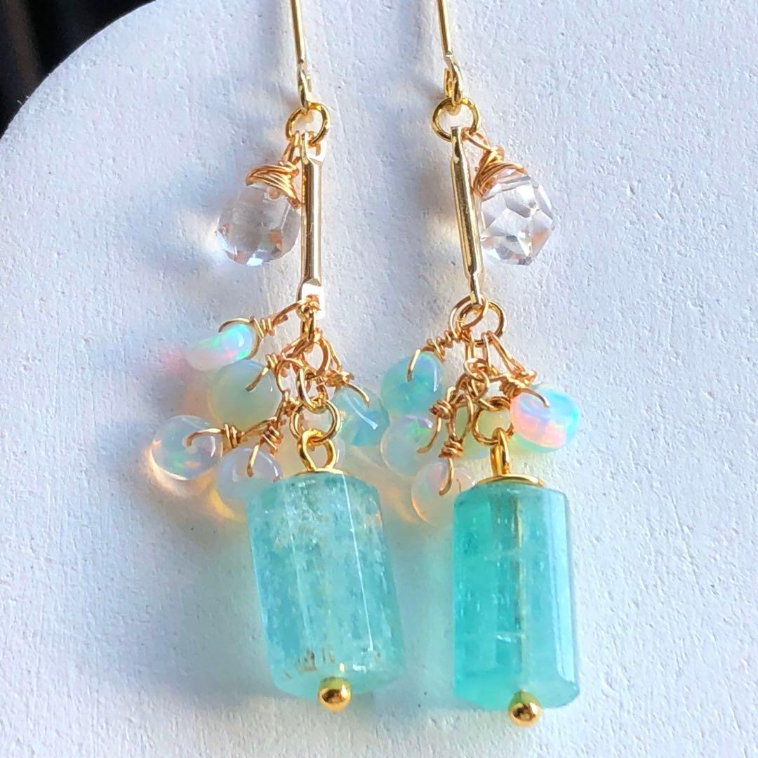 天然石☆極上大粒ミントエメラルド×極上ダイヤモンドクォーツのピアス14kgf