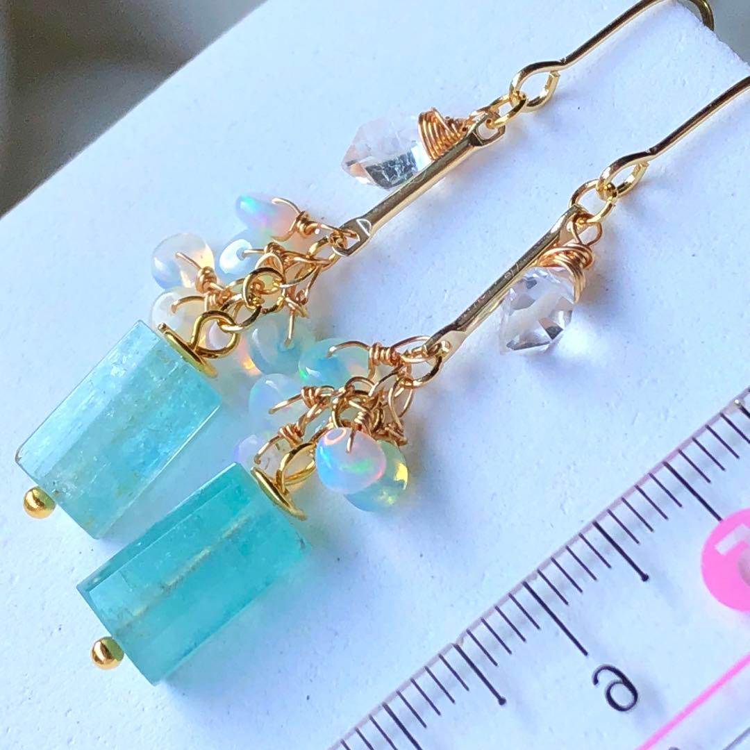 天然石☆極上大粒ミントエメラルド×極上ダイヤモンドクォーツのピアス14kgf