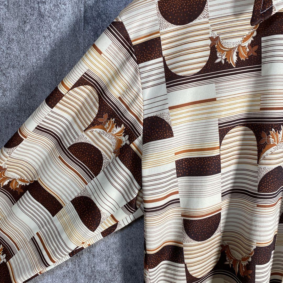 70s USA製 ヴィンテージ調 総柄シャツ レトロ 幾何学 M ポリシャツ