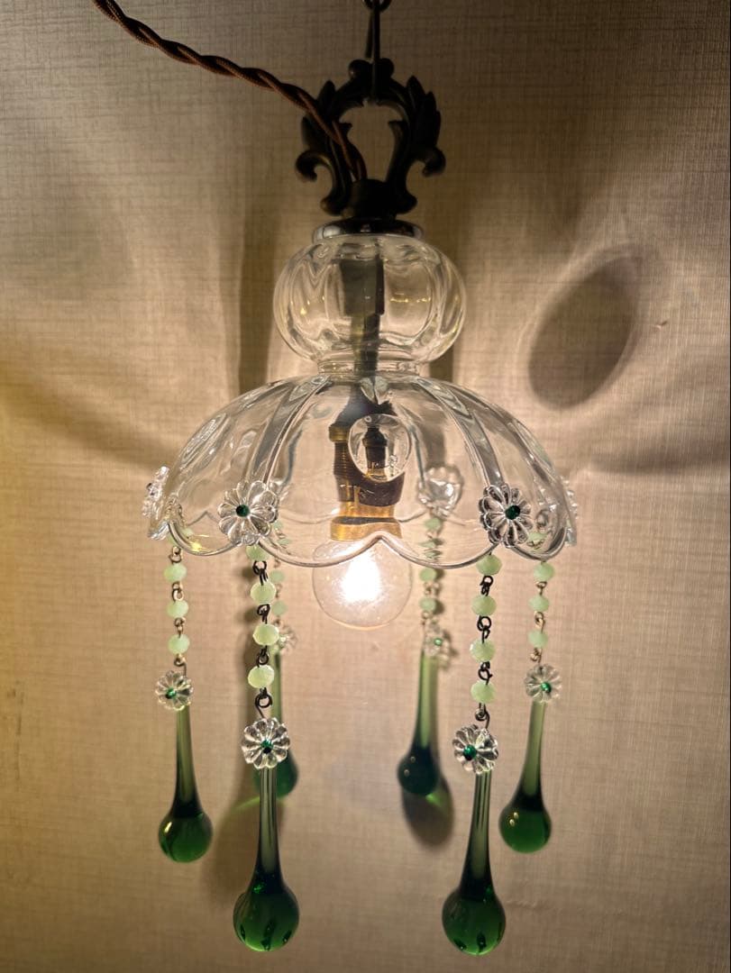 フランス アンティーク グリーンムラーノガラスの巨大なミニシャンデリア＊