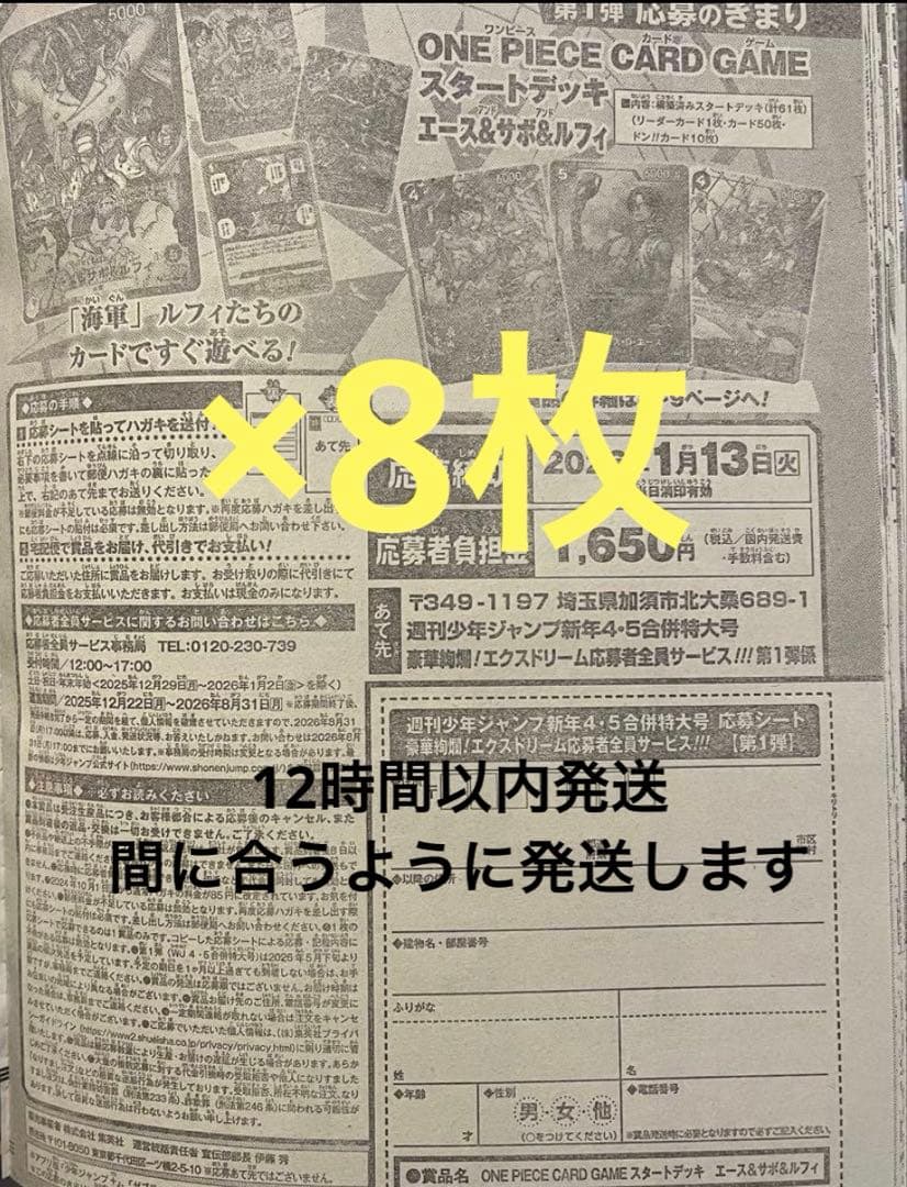 応募者全員サービス　ワンピースカード　プロモ 応募用紙8枚セット