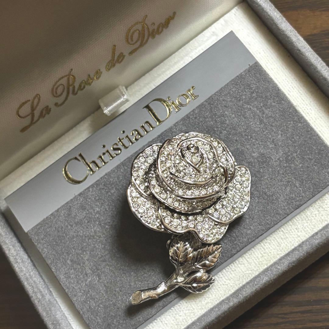 ［激レア　未使用級］ディオール　薔薇　シルバー　ラインストーン　ブローチ
