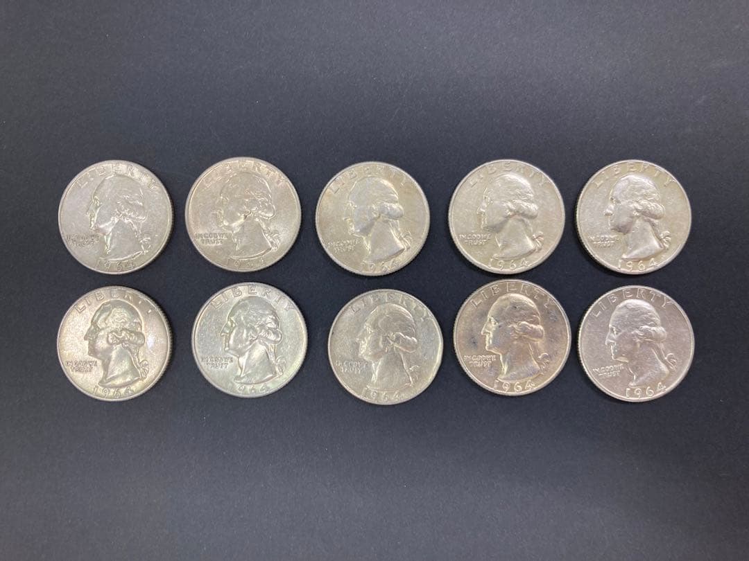【10枚セット・美品】1964年 ワシントン・クォーターダラー銀貨