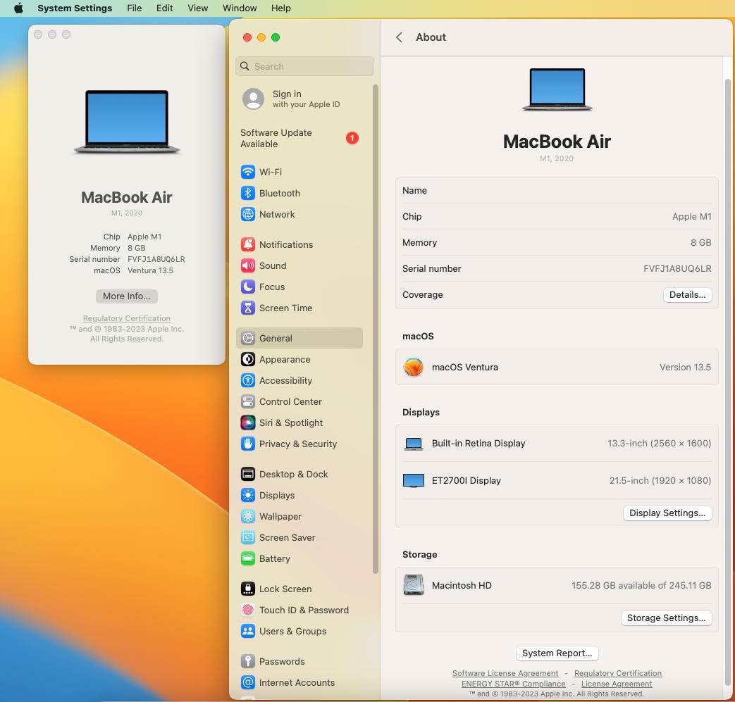 ジャンク品MacBook Air (M1, 2020) A2337 - 画面破損