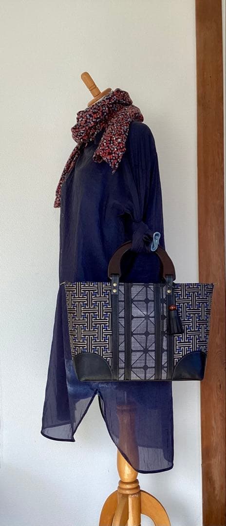 秋名バラ 大島紬 ×本革 着物リメイク バッグ 和装バッグ ハンドメイド 龍郷