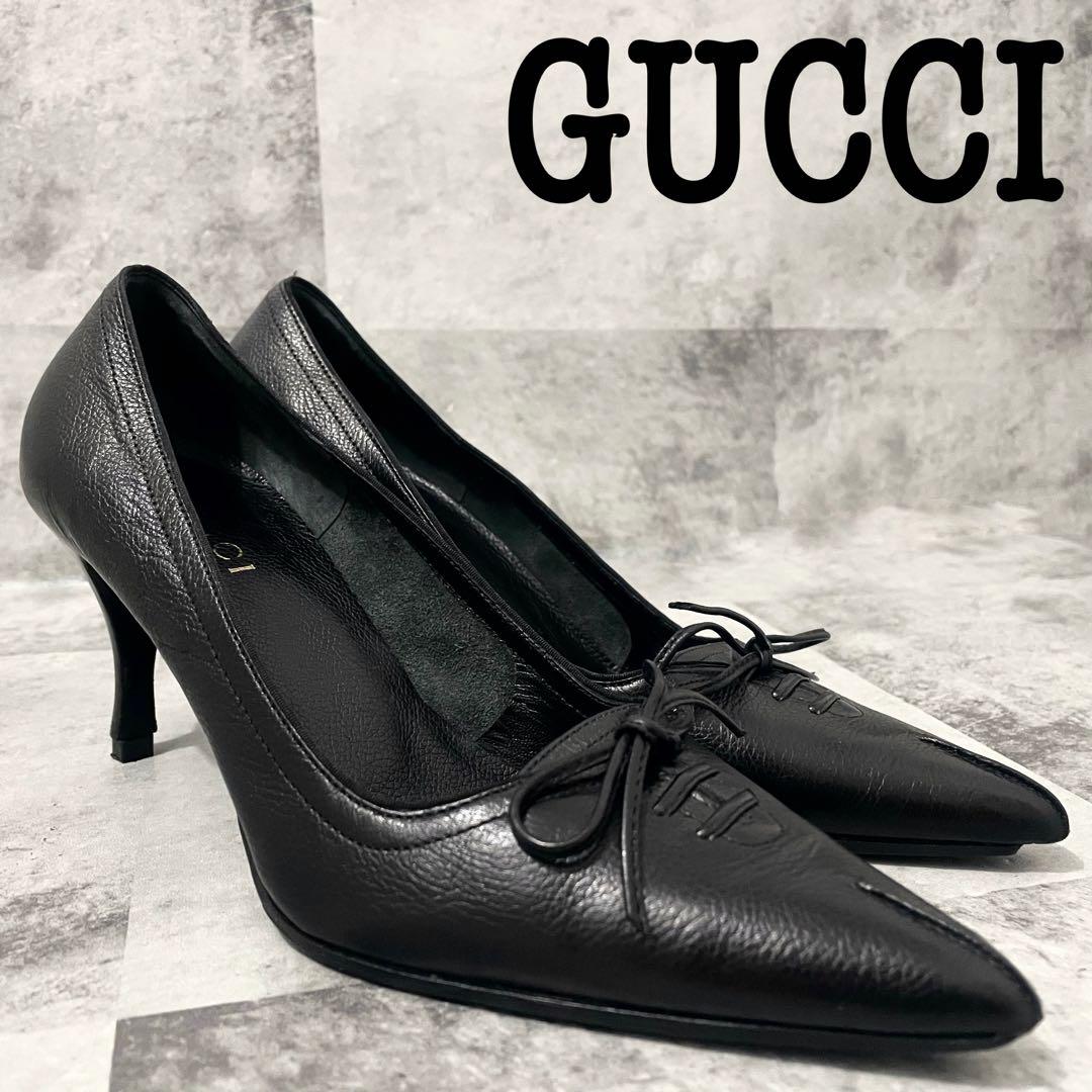 GUCCI グッチ リボン ヒール パンプス レザー シボ バレエコア 36 黒