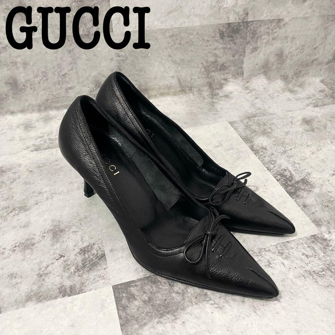 GUCCI グッチ リボン ヒール パンプス レザー シボ バレエコア 36 黒