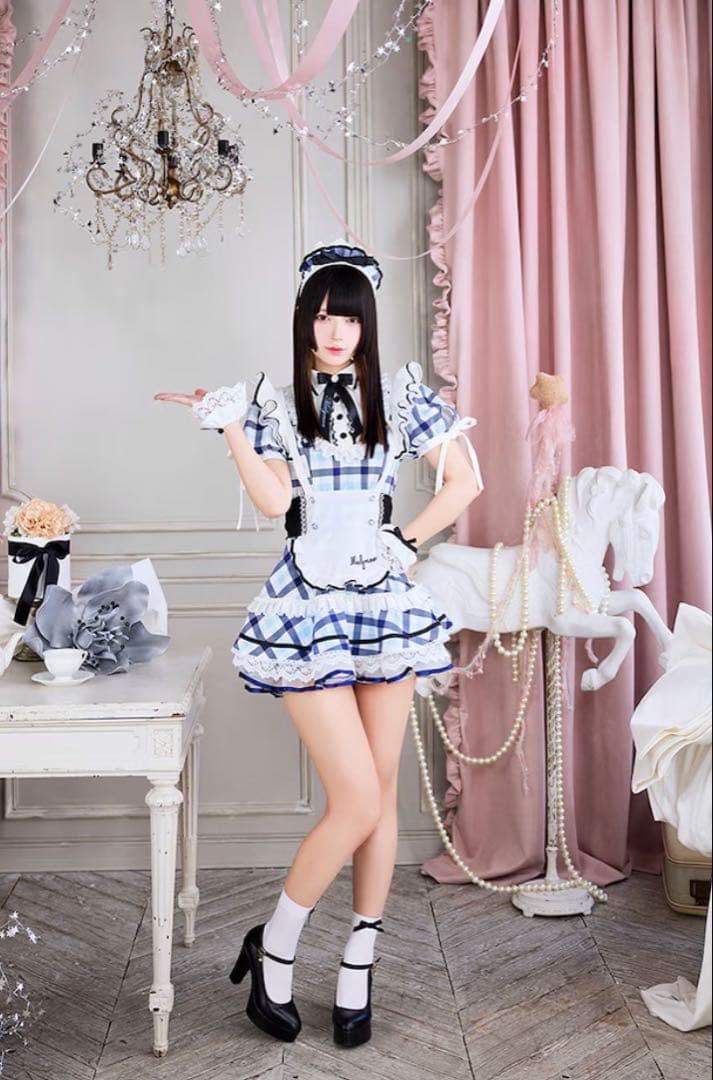 【きゅるりんってしてみて着用】メイドコスチューム　チェックメイドブルー