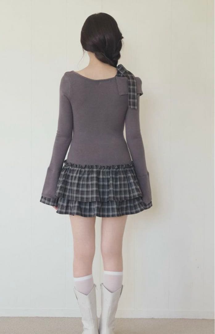 BUBBLES チェックリボンワンショルワンピース
