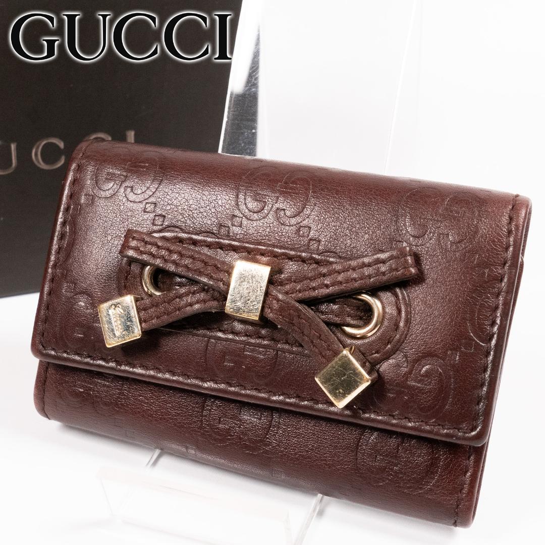 極美品✨グッチ キーケース シマ リボン 6連 GG レザー ブラウン
