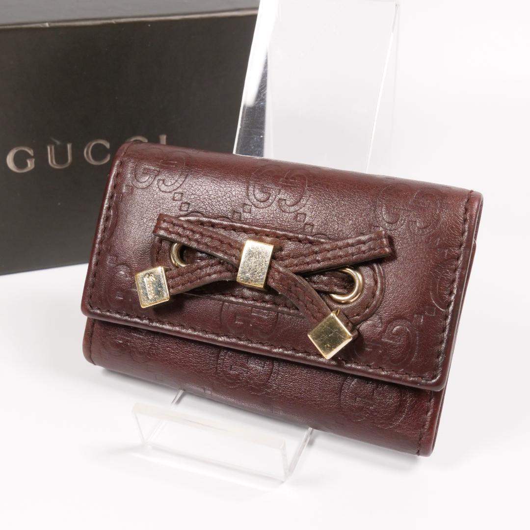 極美品✨グッチ キーケース シマ リボン 6連 GG レザー ブラウン